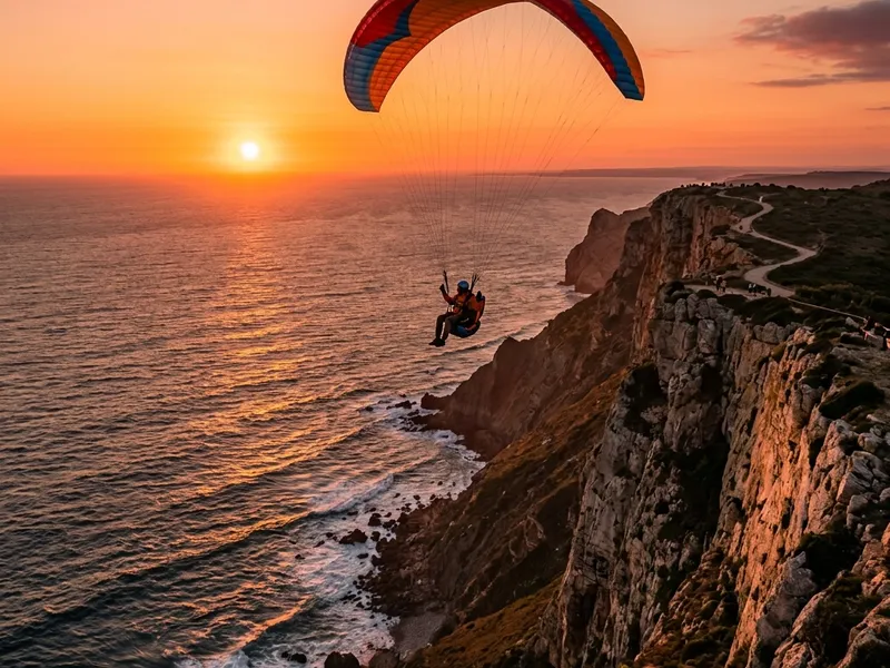 Un parapentiste volant au coucher du soleil au-dessus d'une falaise face à l'océan
